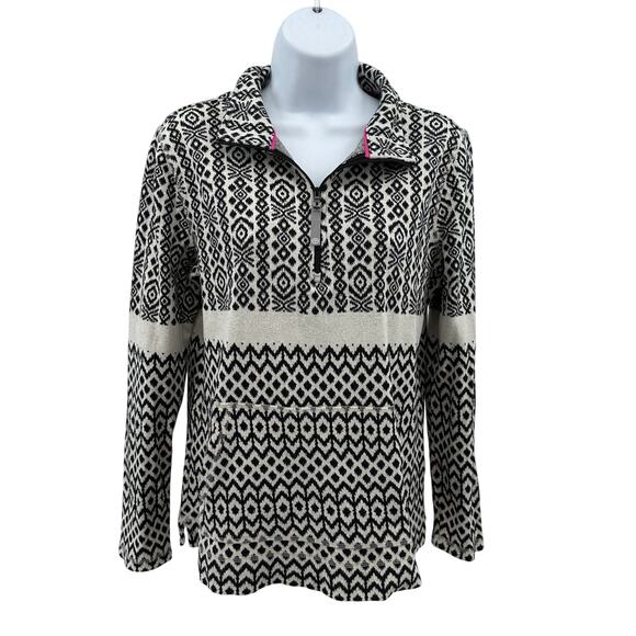 Talbots Sweater WMNS M Black White Fair-Isle Half Zip Pullover Winter Chalet Top - Picture 3 of 10